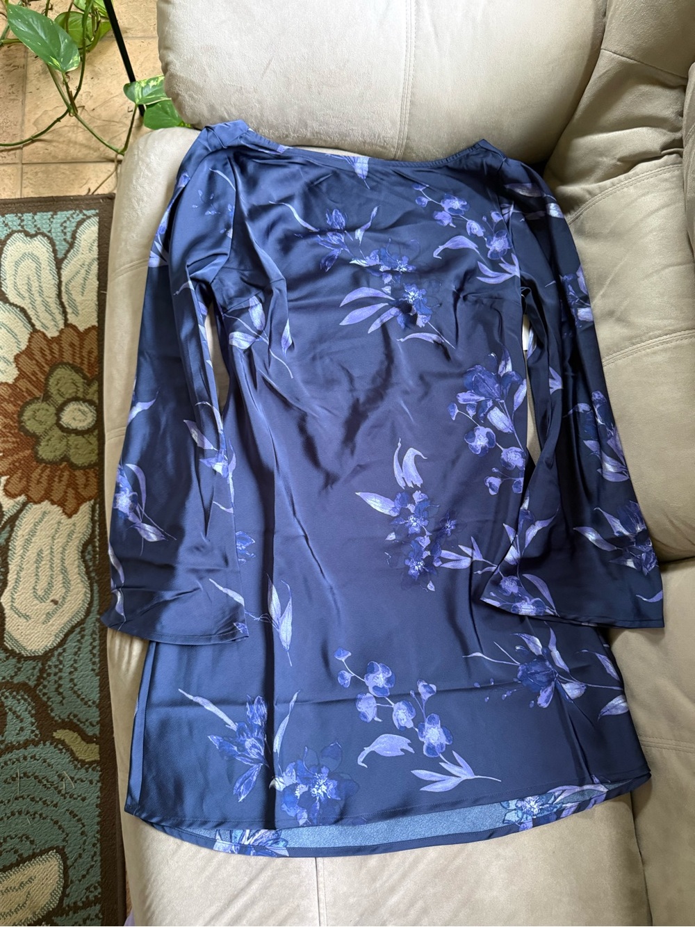 a new day Navy Floral Satin Mini Dress With Bell sleeves and cutout back/ NWT